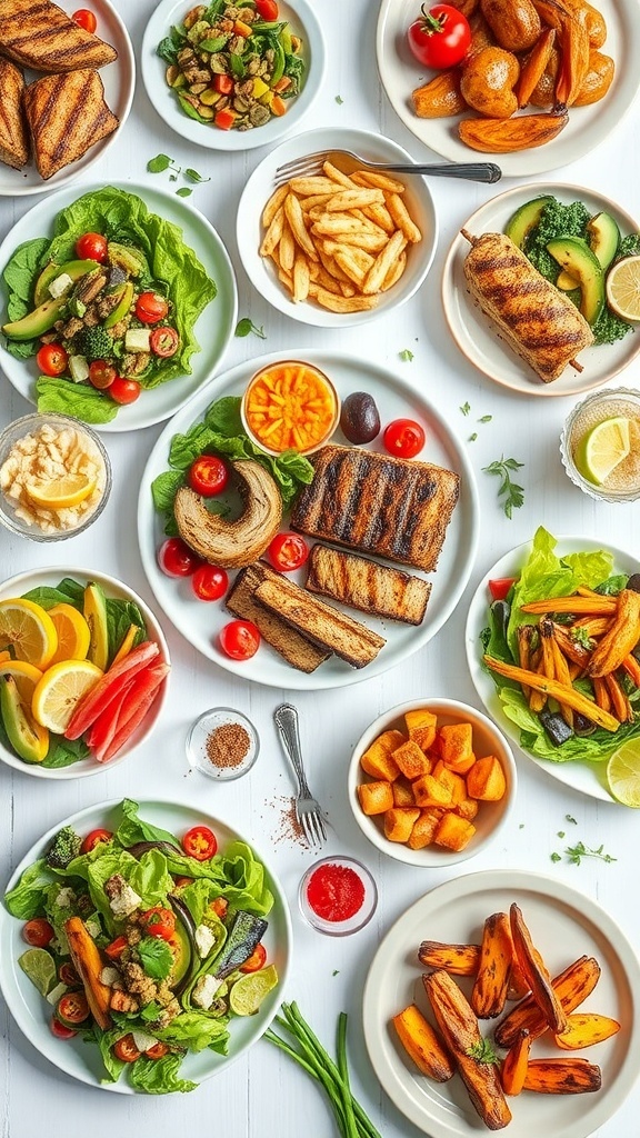 A colorful display of low carb meals including salads, grilled meats, and vegetables on a bright table.